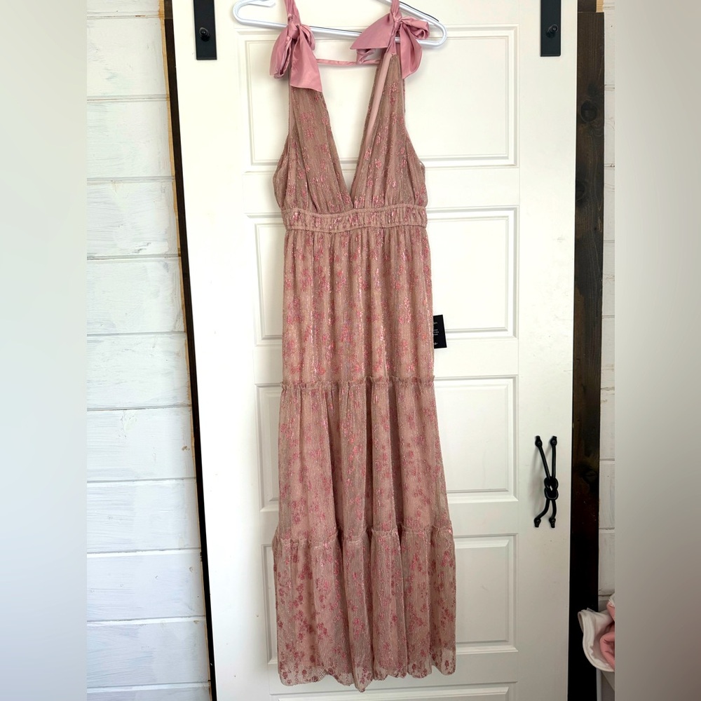 Lulu’s Medium Rose Gold Deep V-Neck Tie Strap Maxi Dress
